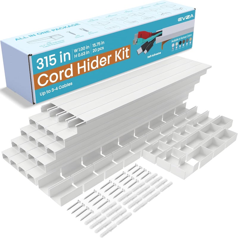 EZA Cord Hider, Wire Cover, Cord Covers Wall Mounted TV, Cable Hider, 315 in Paintable White Raceway Kit, Electrical Cords Concealer, Cable Management, Hide Cords Wall, Wire Molding, Adhesive Channel - Image 1